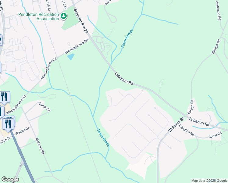 map of restaurants, bars, coffee shops, grocery stores, and more near 107 Margaret Mary Lane in Pendleton