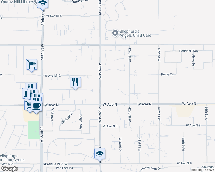 map of restaurants, bars, coffee shops, grocery stores, and more near 45th Street West in Quartz Hill