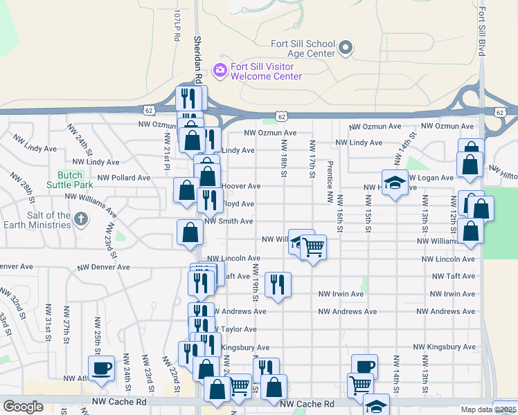 map of restaurants, bars, coffee shops, grocery stores, and more near 1818 Northwest Floyd Avenue in Lawton