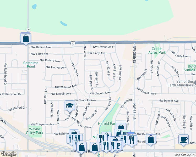map of restaurants, bars, coffee shops, grocery stores, and more near 2311 Northwest 44th Street in Lawton