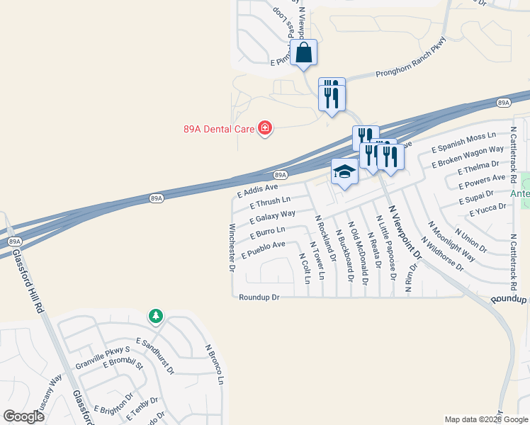 map of restaurants, bars, coffee shops, grocery stores, and more near 7131 East Thrush Lane in Prescott Valley