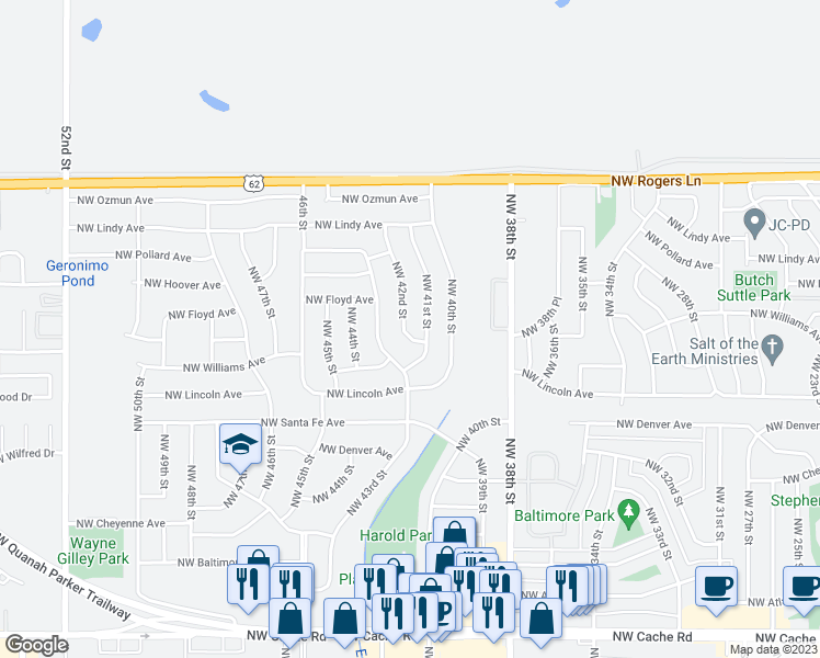 map of restaurants, bars, coffee shops, grocery stores, and more near 2405 Northwest 42nd Street in Lawton