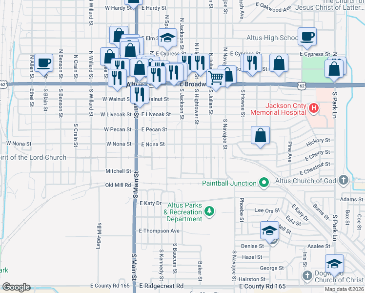 map of restaurants, bars, coffee shops, grocery stores, and more near 501 South Jackson Street in Altus