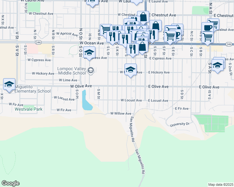 map of restaurants, bars, coffee shops, grocery stores, and more near 419 South K Street in Lompoc