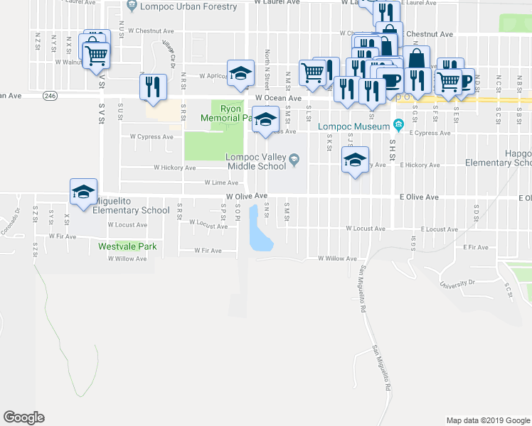 map of restaurants, bars, coffee shops, grocery stores, and more near 517 South N Street in Lompoc