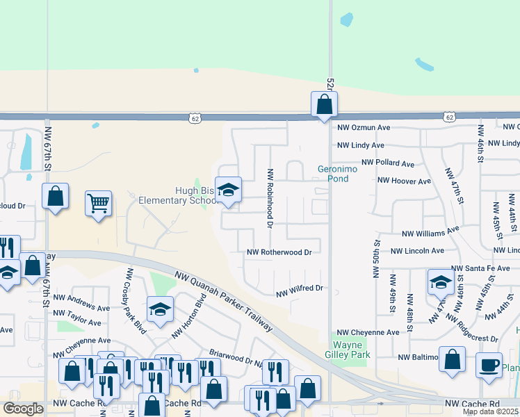 map of restaurants, bars, coffee shops, grocery stores, and more near 5505 Northwest Allan-A-Dale Lane in Lawton