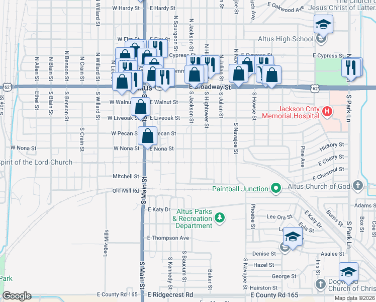 map of restaurants, bars, coffee shops, grocery stores, and more near 501 South Jackson Street in Altus