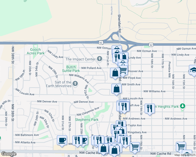 map of restaurants, bars, coffee shops, grocery stores, and more near 2210 Northwest Hoover Avenue in Lawton