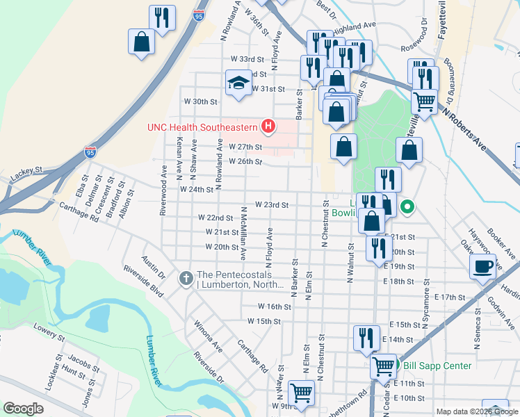 map of restaurants, bars, coffee shops, grocery stores, and more near 304 West 23rd Street in Lumberton
