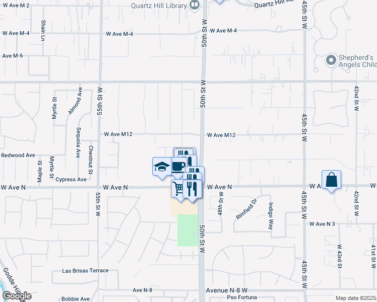 map of restaurants, bars, coffee shops, grocery stores, and more near 5020 Rela Way in Quartz Hill