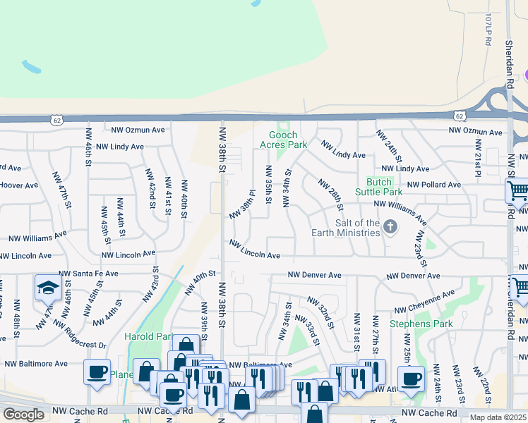 map of restaurants, bars, coffee shops, grocery stores, and more near 2308 Northwest 35th Street in Lawton