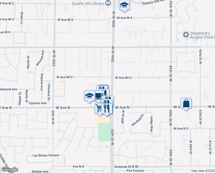 map of restaurants, bars, coffee shops, grocery stores, and more near 5020 Rela Way in Quartz Hill