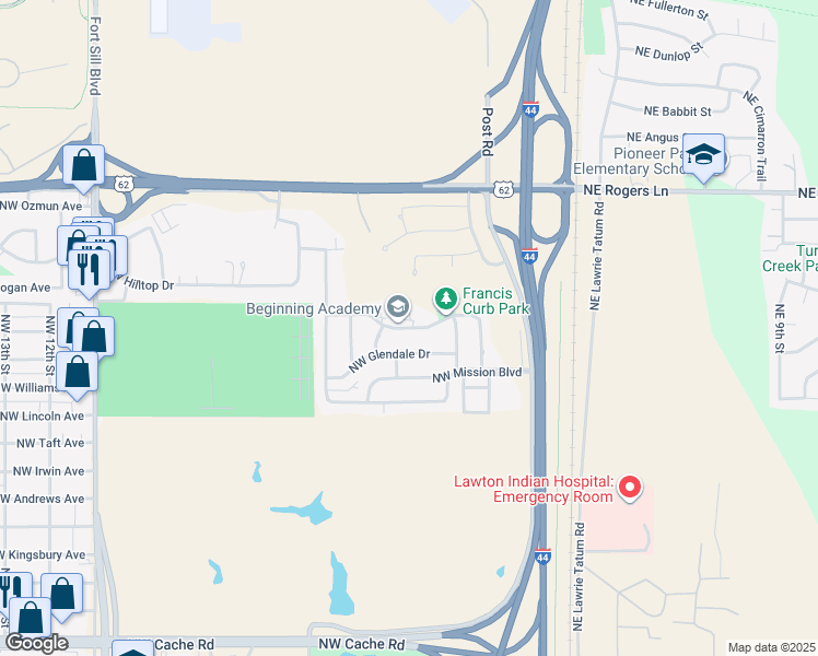 map of restaurants, bars, coffee shops, grocery stores, and more near 401 Northwest Woodridge Drive in Lawton