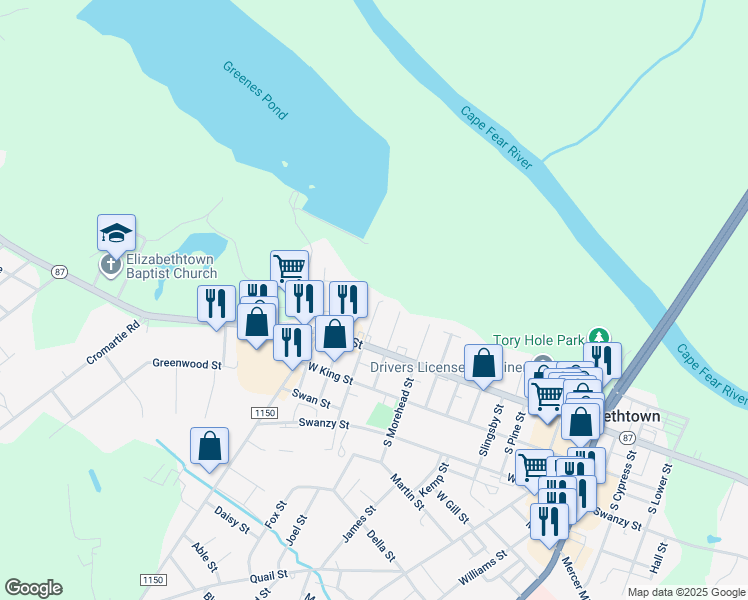map of restaurants, bars, coffee shops, grocery stores, and more near 111 North Lyon Street in Elizabethtown