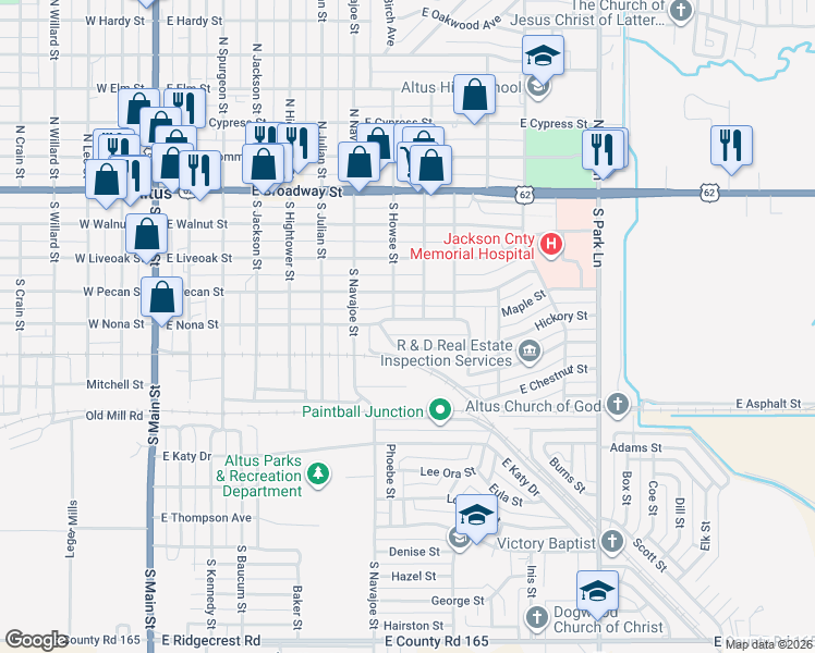 map of restaurants, bars, coffee shops, grocery stores, and more near 808 East Nona Street in Altus