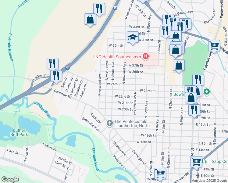 map of restaurants, bars, coffee shops, grocery stores, and more near 507 West 23rd Street in Lumberton
