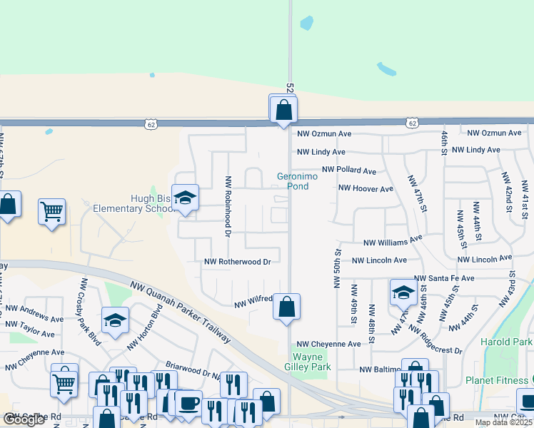 map of restaurants, bars, coffee shops, grocery stores, and more near 2409 Northwest Norman Circle in Lawton