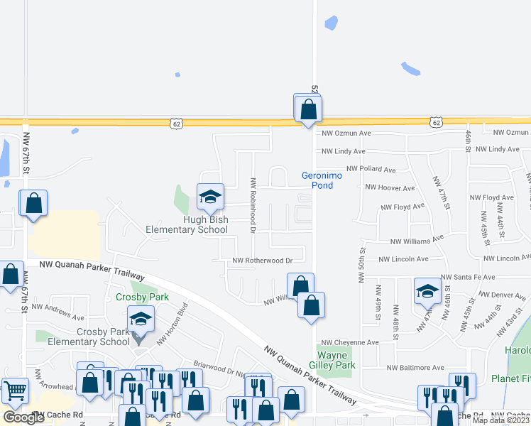 map of restaurants, bars, coffee shops, grocery stores, and more near 2410 Northwest Saxon Circle in Lawton