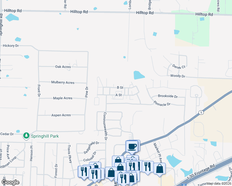 map of restaurants, bars, coffee shops, grocery stores, and more near 221 A Street in Bryant