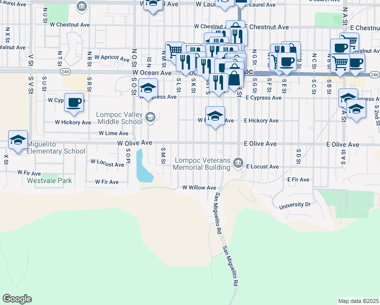 map of restaurants, bars, coffee shops, grocery stores, and more near 419 South K Street in Lompoc