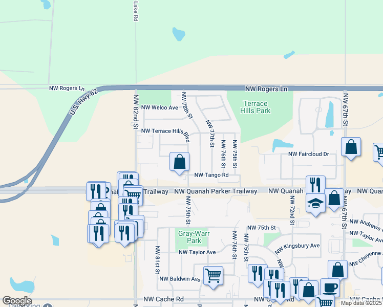 map of restaurants, bars, coffee shops, grocery stores, and more near 2315 Northwest Terrace Hills Boulevard in Lawton