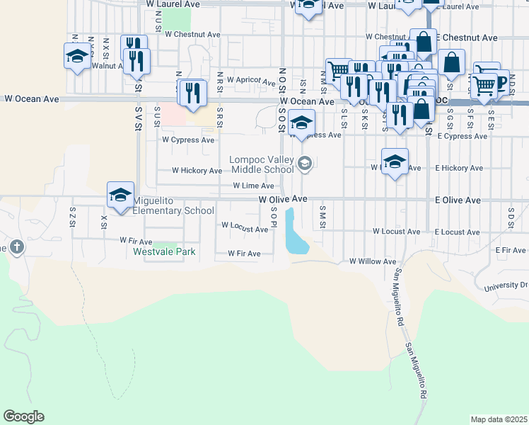 map of restaurants, bars, coffee shops, grocery stores, and more near 412 South P Street in Lompoc