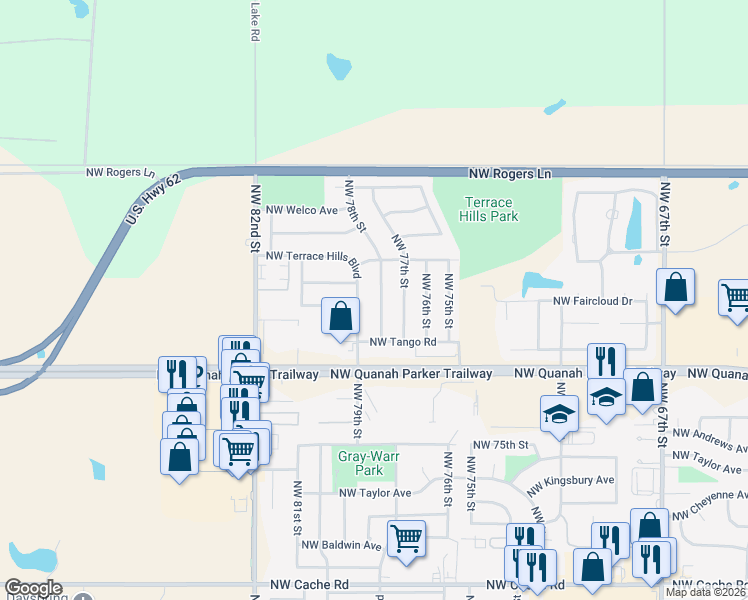 map of restaurants, bars, coffee shops, grocery stores, and more near 2316 NW 78th St in Lawton