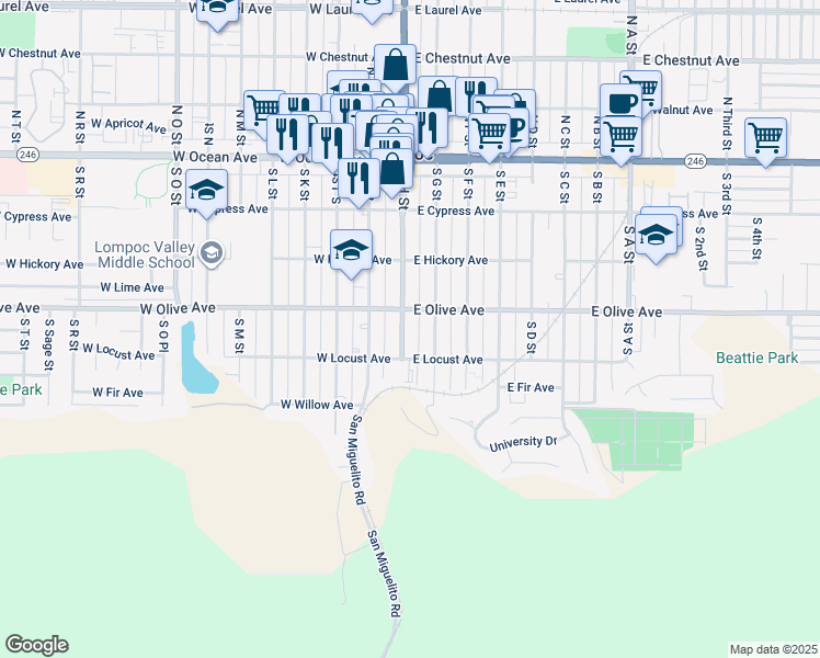 map of restaurants, bars, coffee shops, grocery stores, and more near 414 South H Street in Lompoc