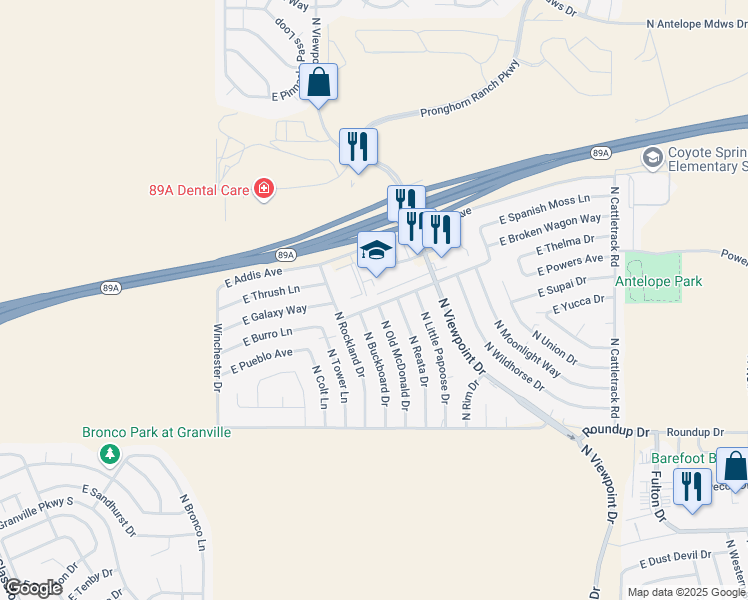 map of restaurants, bars, coffee shops, grocery stores, and more near 7388 East Horseshoe Lane in Prescott Valley