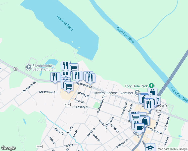 map of restaurants, bars, coffee shops, grocery stores, and more near 111 North Lyon Street in Elizabethtown