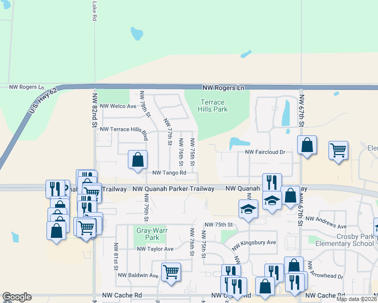 map of restaurants, bars, coffee shops, grocery stores, and more near 2316 Northwest 75th Street in Lawton