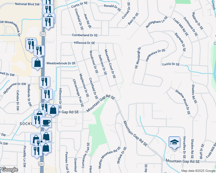 map of restaurants, bars, coffee shops, grocery stores, and more near 11318 Dellcrest Drive Southeast in Huntsville