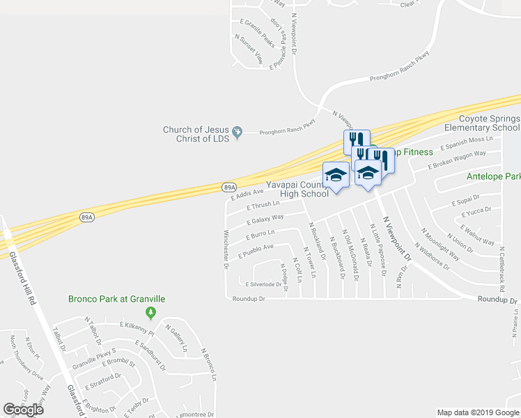 map of restaurants, bars, coffee shops, grocery stores, and more near 7115 East Thrush Lane in Prescott Valley