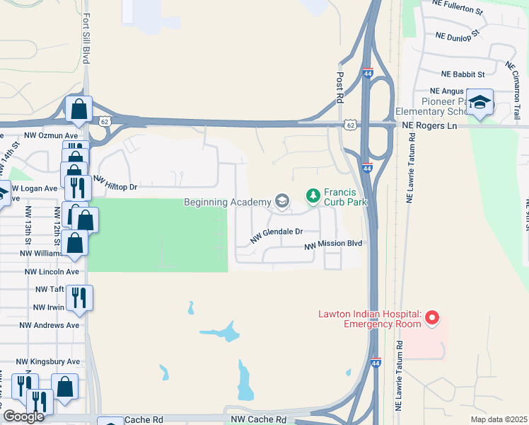 map of restaurants, bars, coffee shops, grocery stores, and more near 504 Northwest Woodridge Drive in Lawton