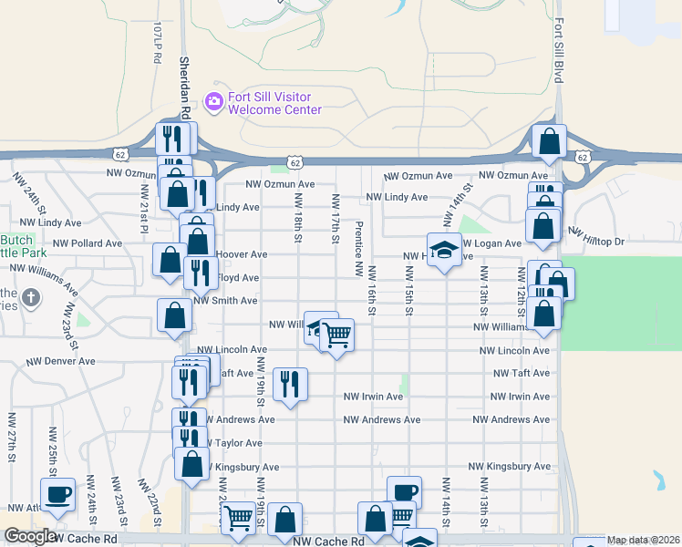 map of restaurants, bars, coffee shops, grocery stores, and more near 2501 Northwest 17th Street in Lawton