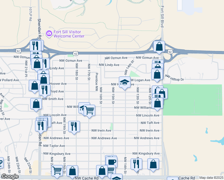 map of restaurants, bars, coffee shops, grocery stores, and more near 1501 Northwest Bessie Avenue in Lawton