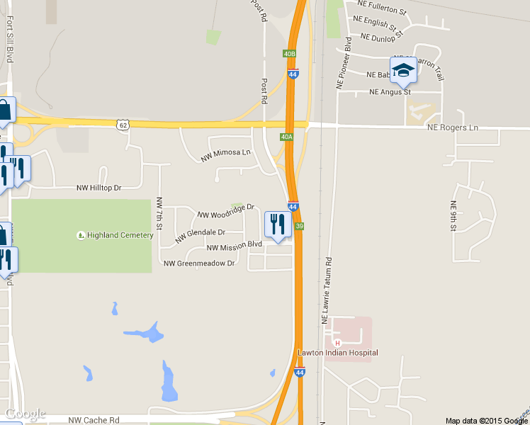 map of restaurants, bars, coffee shops, grocery stores, and more near 2315 Northwest Woodridge Drive in Lawton