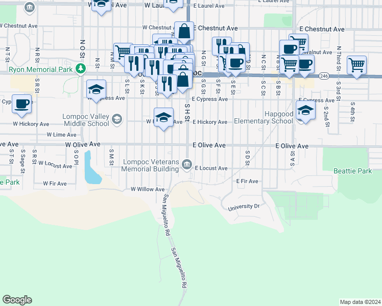 map of restaurants, bars, coffee shops, grocery stores, and more near 412 South H Street in Lompoc