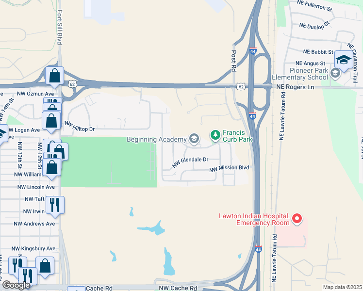 map of restaurants, bars, coffee shops, grocery stores, and more near 504 Northwest Woodridge Drive in Lawton