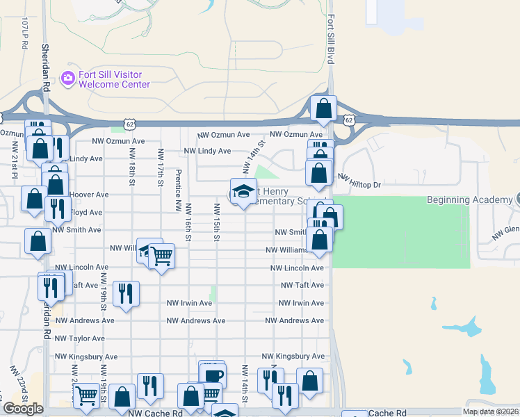 map of restaurants, bars, coffee shops, grocery stores, and more near 1309 Northwest Bessie Avenue in Lawton