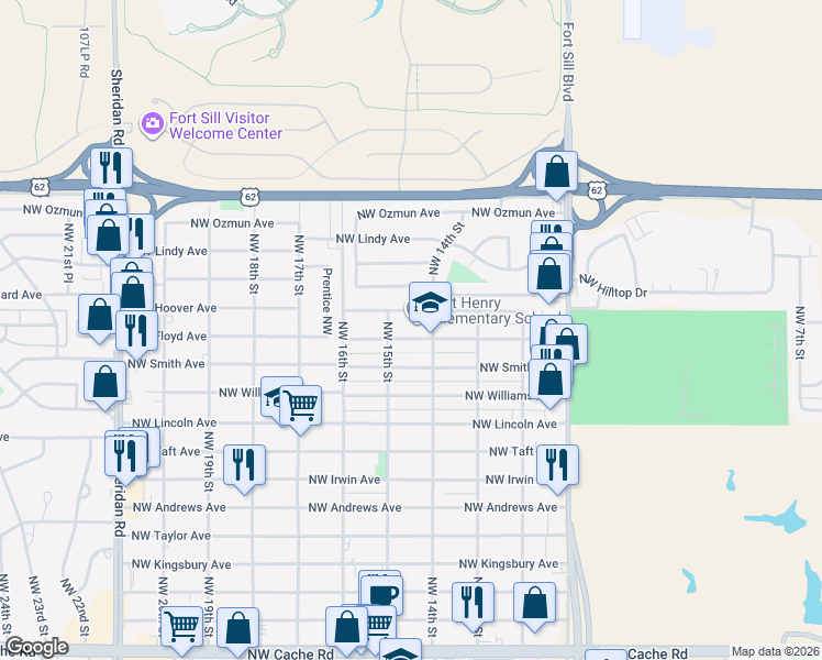 map of restaurants, bars, coffee shops, grocery stores, and more near 1401 Northwest Bessie Avenue in Lawton