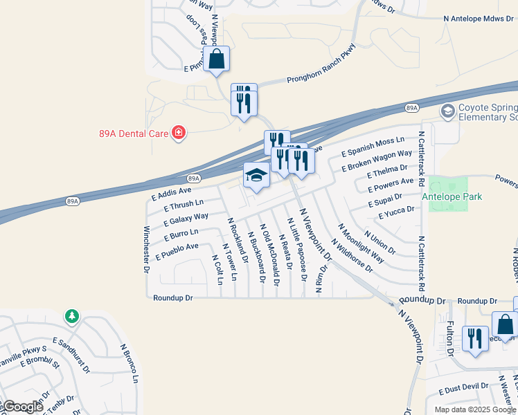 map of restaurants, bars, coffee shops, grocery stores, and more near 7388 East Horseshoe Lane in Prescott Valley