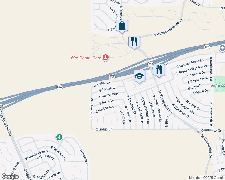 map of restaurants, bars, coffee shops, grocery stores, and more near 7131 East Thrush Lane in Prescott Valley