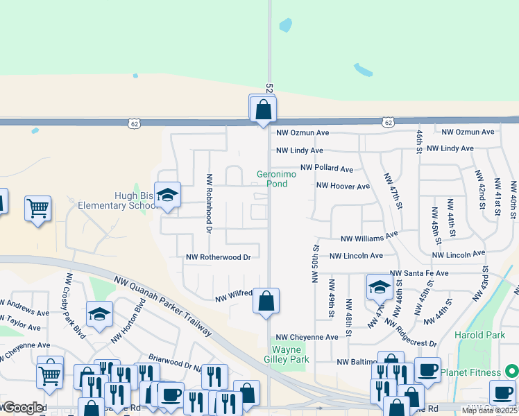 map of restaurants, bars, coffee shops, grocery stores, and more near 2409 Northwest Norman Circle in Lawton
