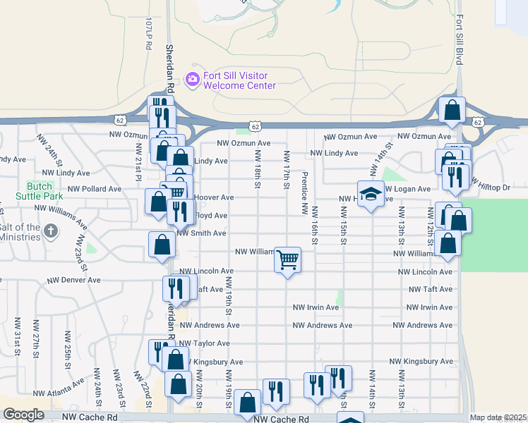 map of restaurants, bars, coffee shops, grocery stores, and more near 1715 Northwest Floyd Avenue in Lawton