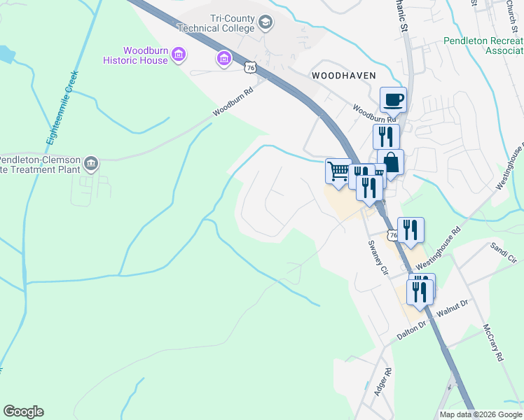 map of restaurants, bars, coffee shops, grocery stores, and more near 200 Woody Road in Pendleton