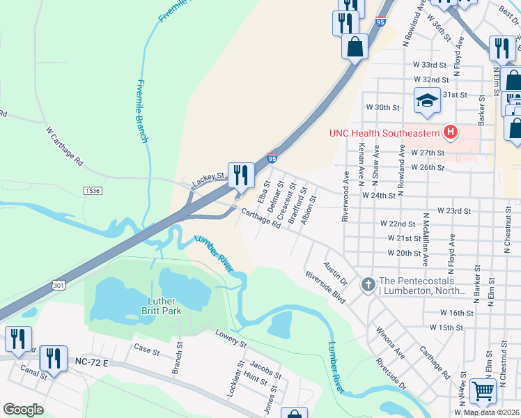 map of restaurants, bars, coffee shops, grocery stores, and more near 1950-1998 Carthage Road in Lumberton