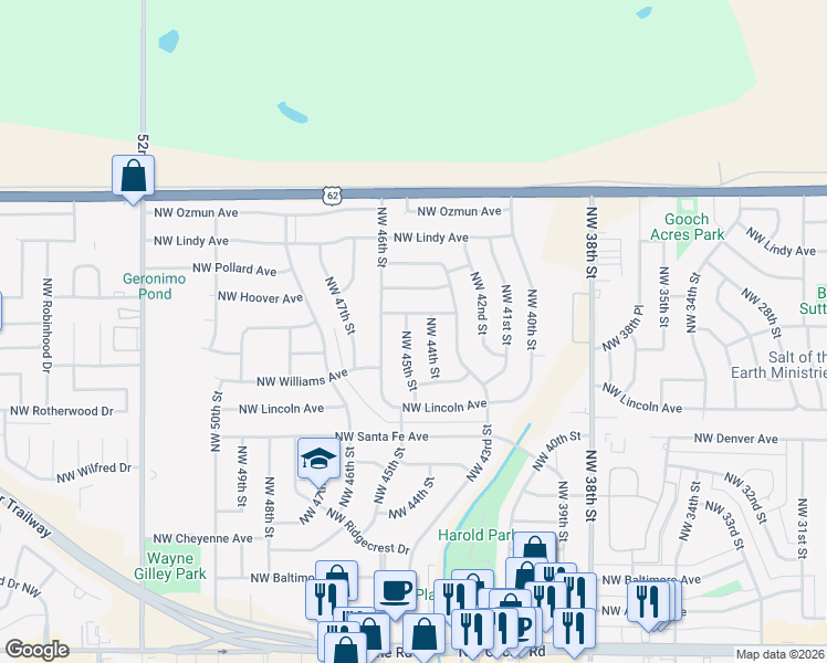 map of restaurants, bars, coffee shops, grocery stores, and more near 2315 Northwest 45th Street in Lawton