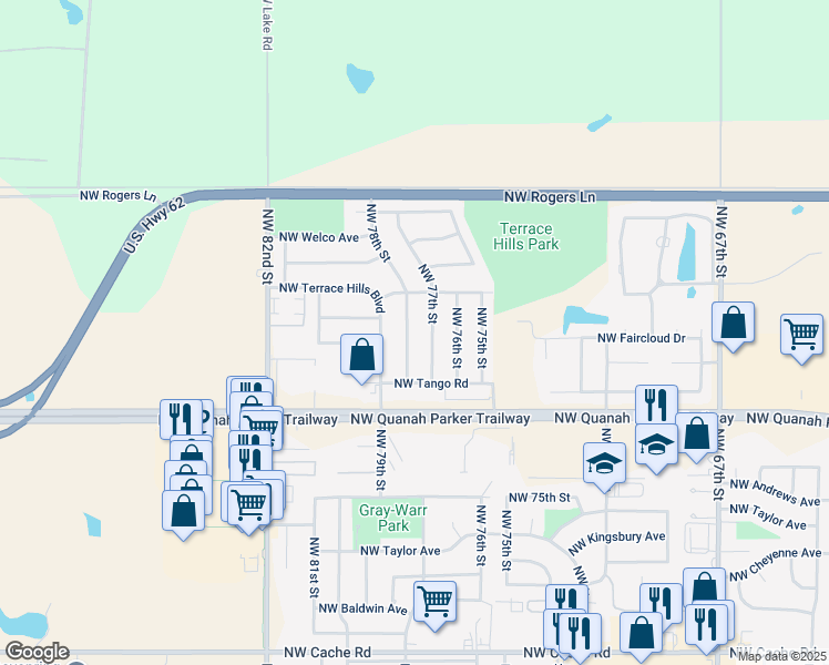 map of restaurants, bars, coffee shops, grocery stores, and more near 2317 Northwest 78th Street in Lawton