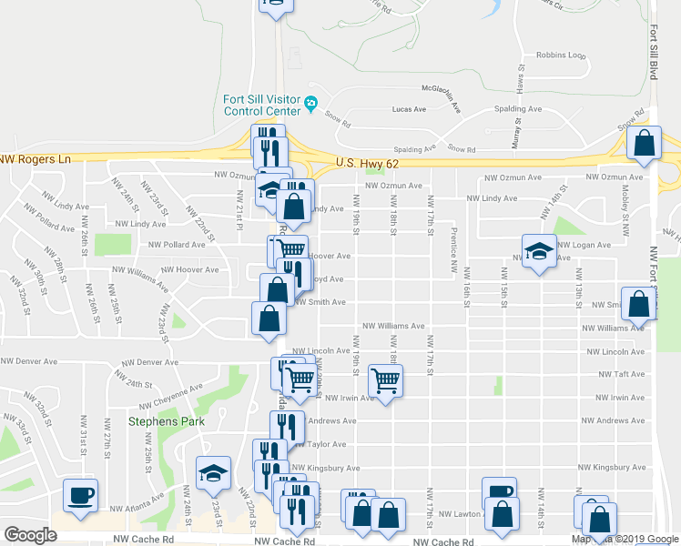 map of restaurants, bars, coffee shops, grocery stores, and more near 1907 Northwest Floyd Avenue in Lawton